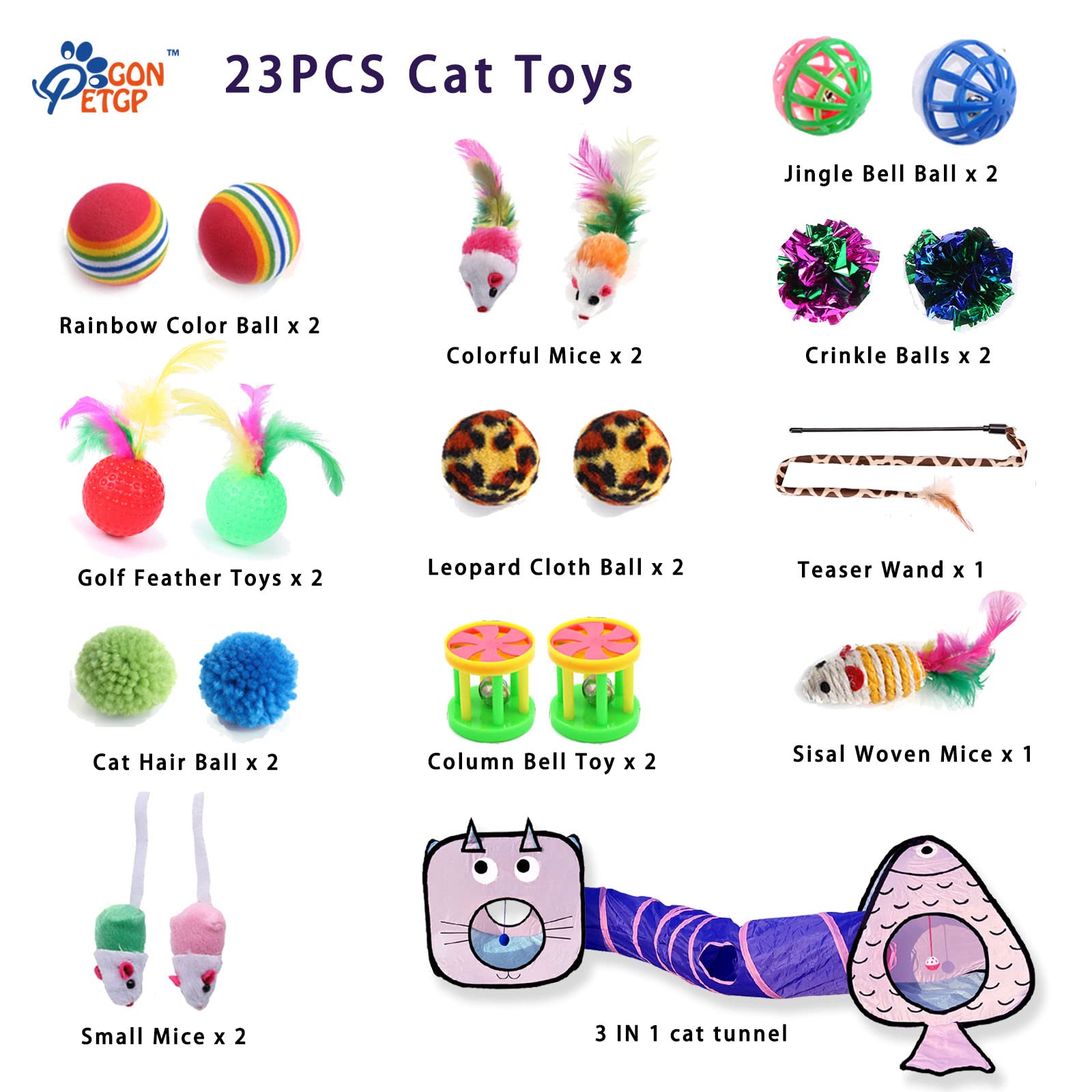 GONPETGP Cat Toys for Indoor Cats, 23 PCS Kitten Toys Set, Collapsible Pet Tunnel Cube Tent Toys, Interactive Cat Feather Teaser Wand Cat Bell Balls Fuzzy Ball Springs Mouse Toys for Cat Kitty