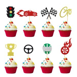 Arthsdite 24 PCS Race Car Cupcake Toppers Traffic Light Steering Wheel Trophy Flag Helmet Racing Car Cupcake Picks for Let's Go Racing Sports Theme Baby Shower Boys Birthday Party Cake Decorations