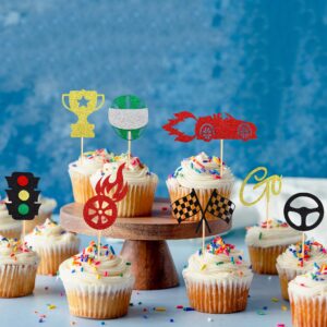 Arthsdite 24 PCS Race Car Cupcake Toppers Traffic Light Steering Wheel Trophy Flag Helmet Racing Car Cupcake Picks for Let's Go Racing Sports Theme Baby Shower Boys Birthday Party Cake Decorations