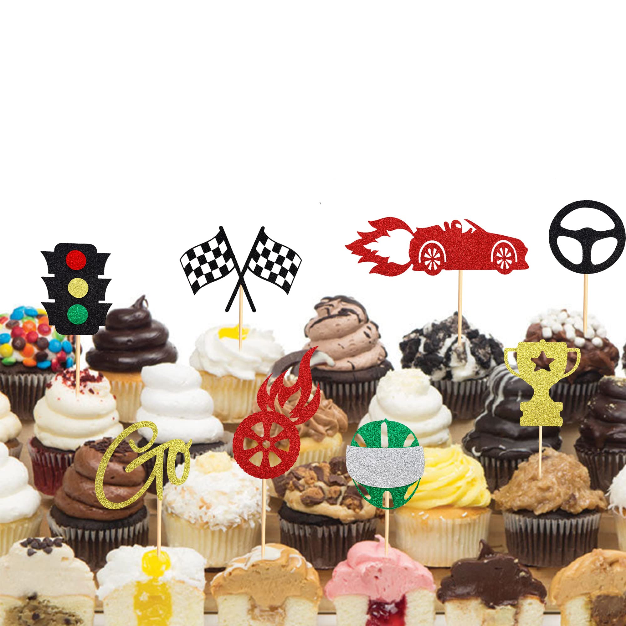 Arthsdite 24 PCS Race Car Cupcake Toppers Traffic Light Steering Wheel Trophy Flag Helmet Racing Car Cupcake Picks for Let's Go Racing Sports Theme Baby Shower Boys Birthday Party Cake Decorations