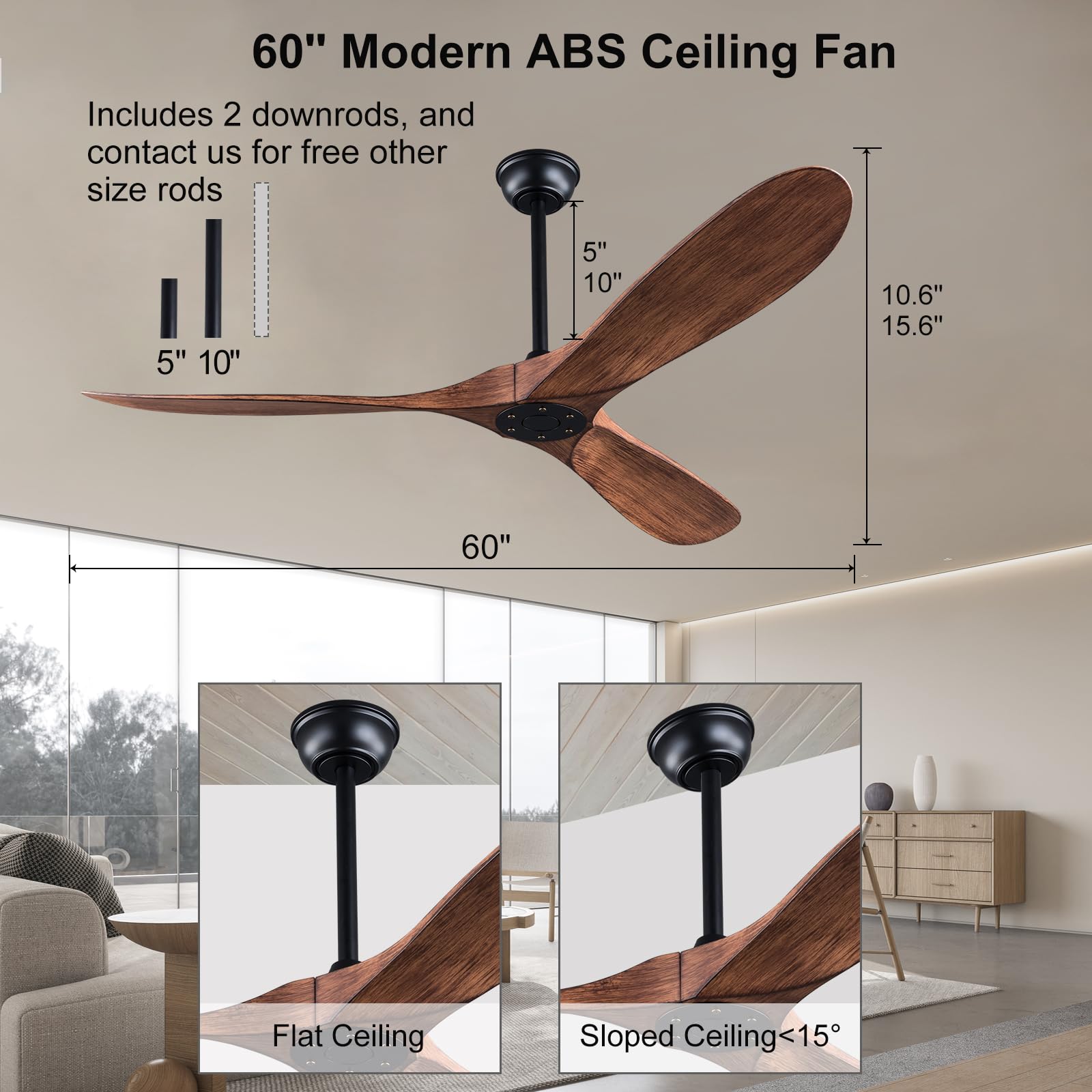 KBZZ 60'' Ceiling Fan without Light, Modern ABS Ceiling Fan with Remote Control, Outdoor Ceiling Fan No Light with Silent Reversible DC Motor, Indoor Ceiling Fan for Patio Living Room