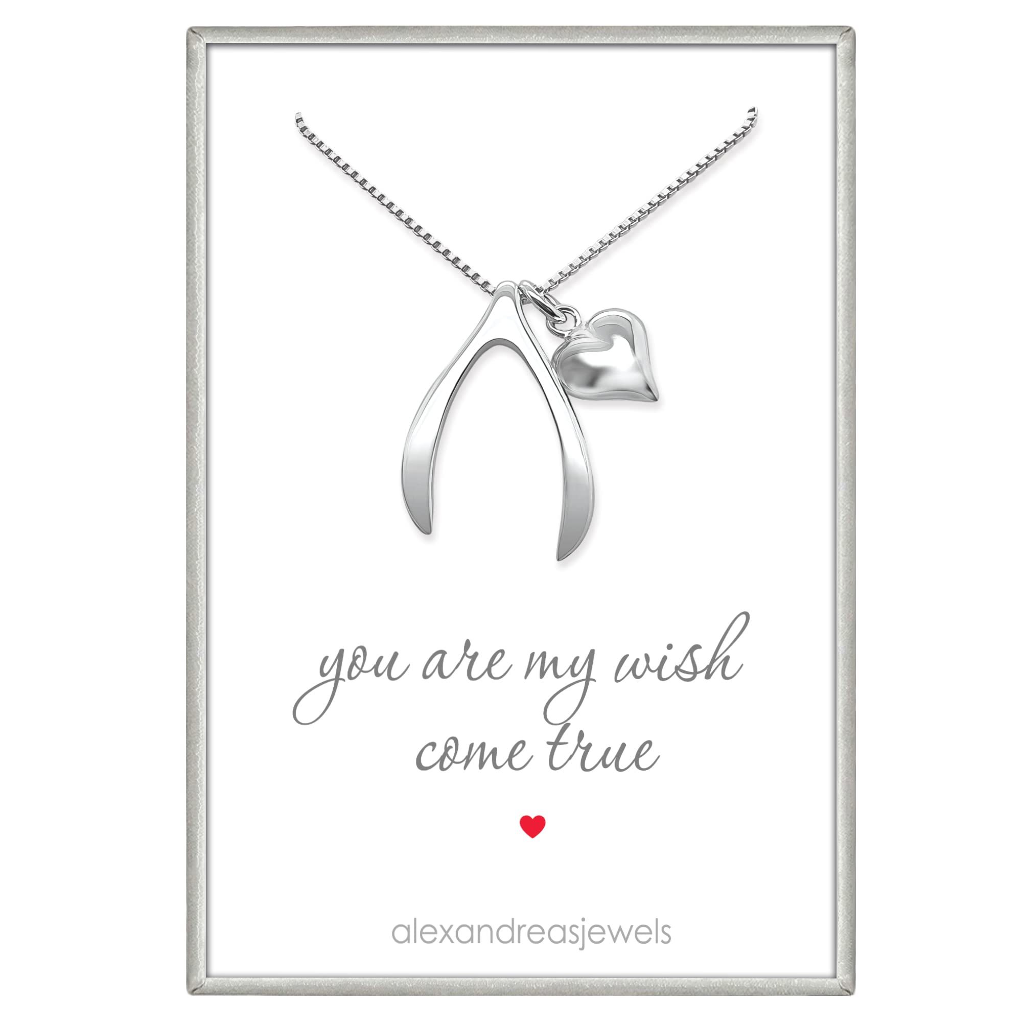 Sterling Silver Wishbone Necklace with Puffed Heart Charm, Girlfriend Gift Necklace, Daughter Birthday Gift, Wife Anniversary Gift Necklace, Wish Bone Necklace (22 inches)