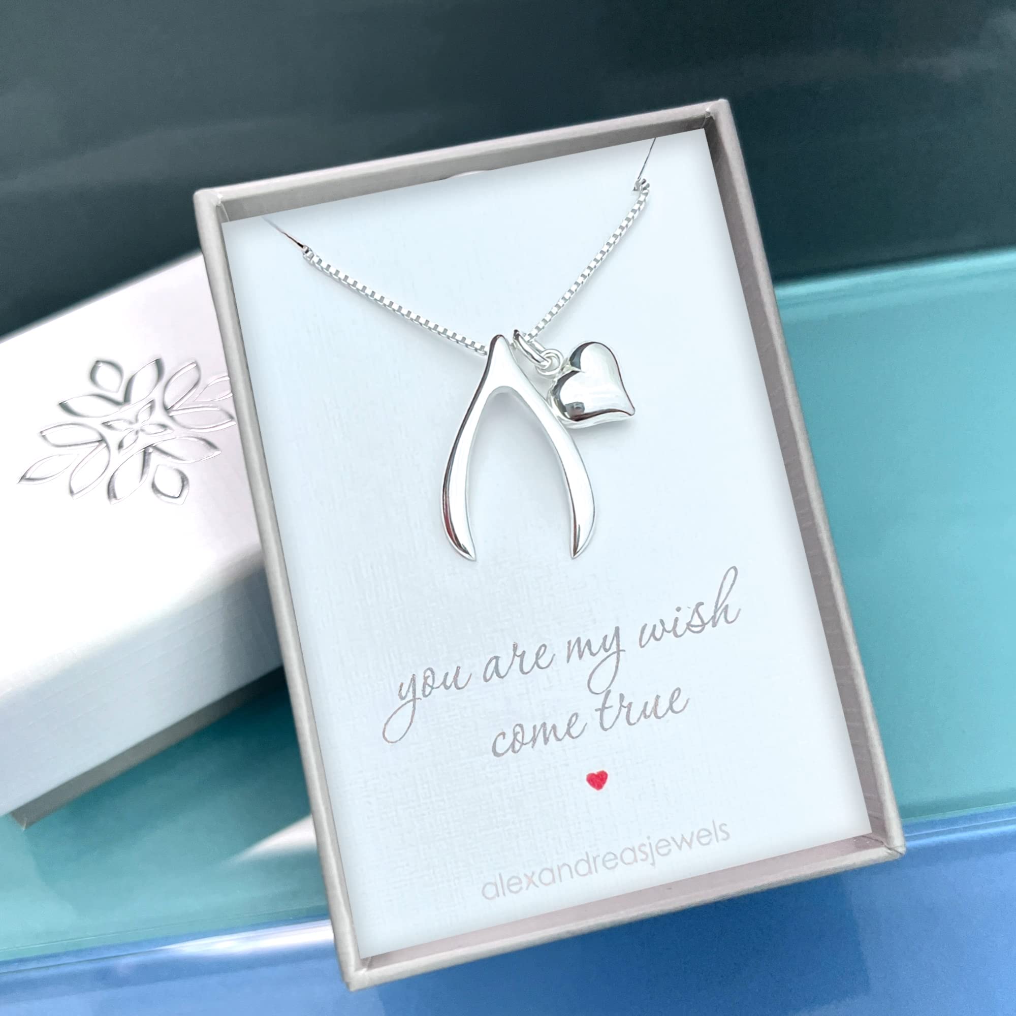 Sterling Silver Wishbone Necklace with Puffed Heart Charm, Girlfriend Gift Necklace, Daughter Birthday Gift, Wife Anniversary Gift Necklace, Wish Bone Necklace (22 inches)