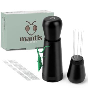 mantis wdt tool espresso - 9 needle distribution tool with stand | needle espresso stirrer | .4mm and .3mm needles included | aluminum alloy stand (matte black)