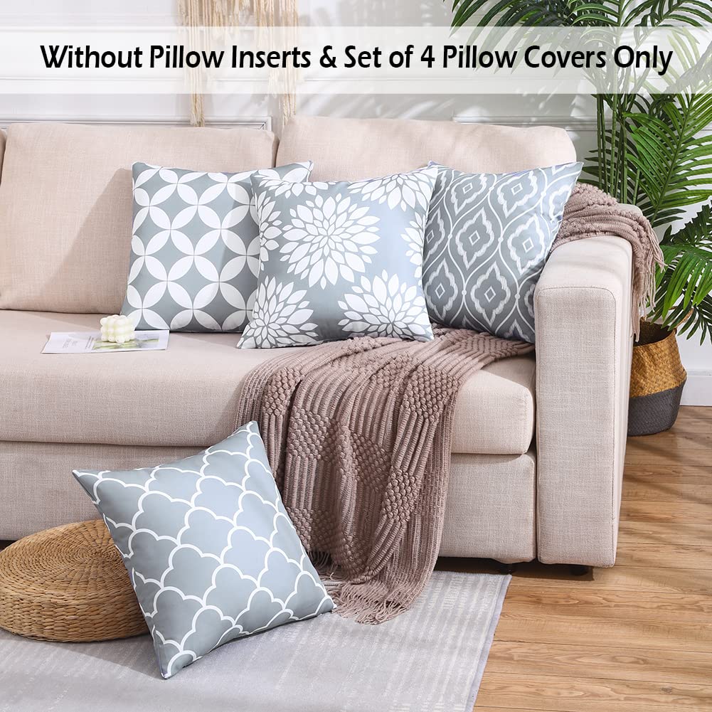 CARRIE HOME Light Grey Couch Pillows Decorative Neutral Throw Pillows 18x18 Set of 4 Grey and White Outdoor Waterproof Pillow Covers Gray Sofa Pillows for Living Room (No Inserts)