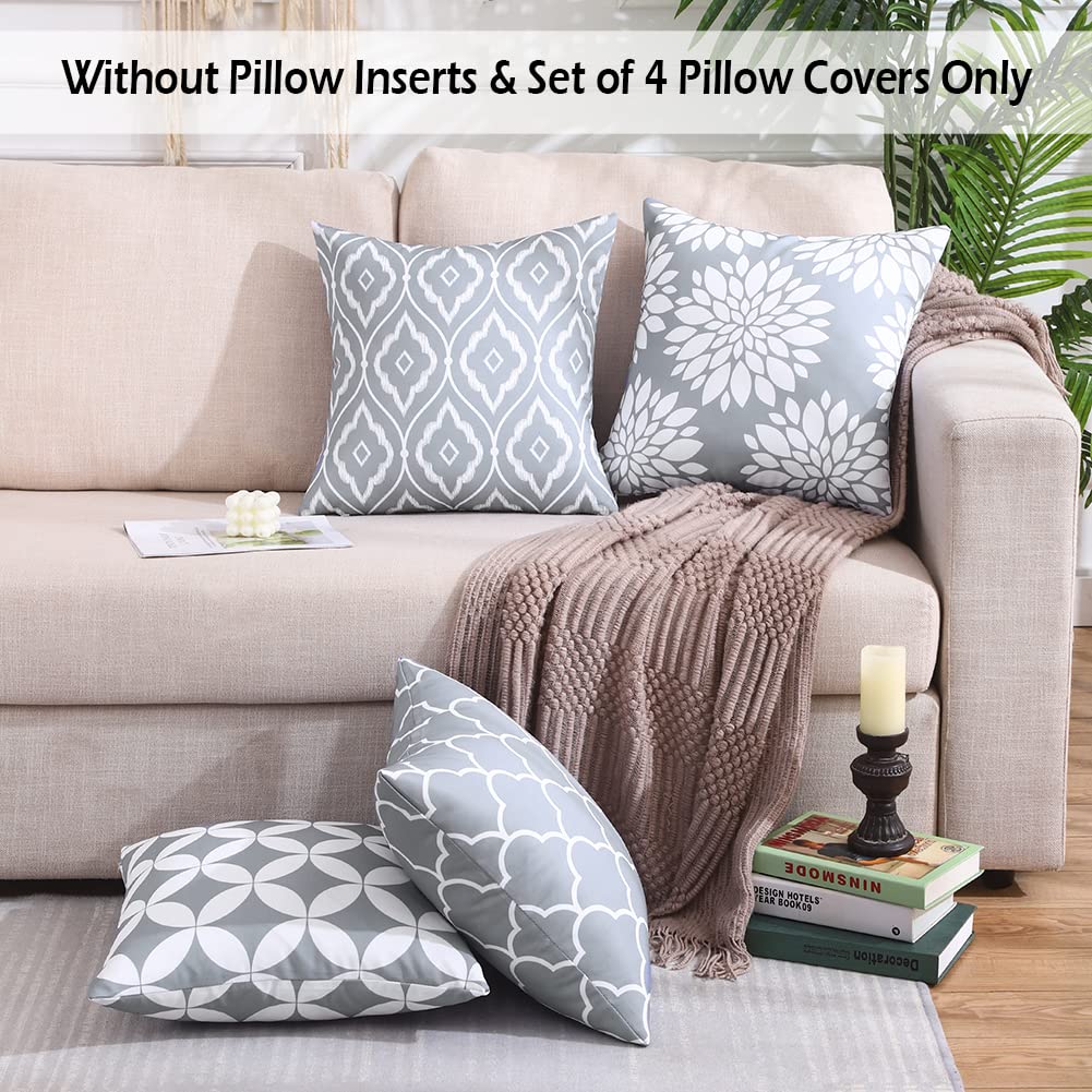 CARRIE HOME Light Grey Couch Pillows Decorative Neutral Throw Pillows 18x18 Set of 4 Grey and White Outdoor Waterproof Pillow Covers Gray Sofa Pillows for Living Room (No Inserts)