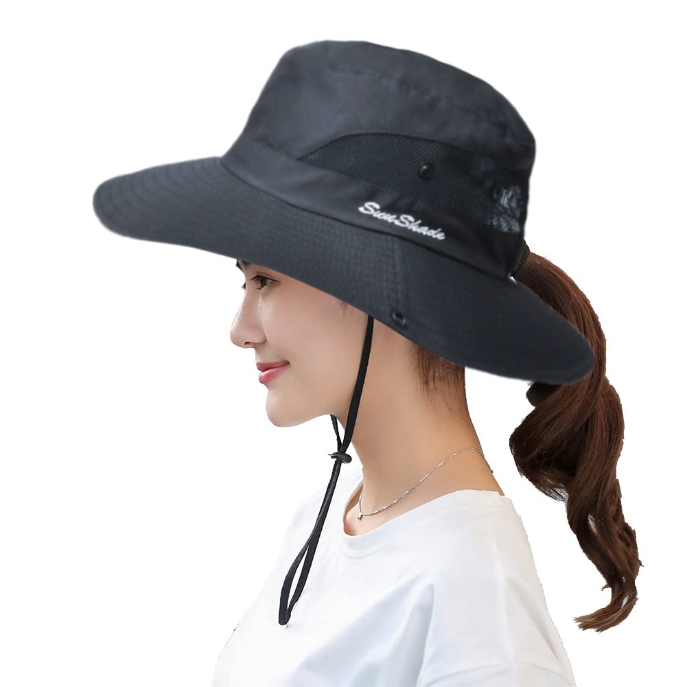 HSELL Womens UV Protection Wide Brim Sun Hats Cooling Mesh Ponytail Hole Cap Foldable Travel Outdoor Fishing Hat (Black)