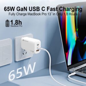 65W USB C Charger 3-Port GaN Fast Charger USB-C Block Acoucou Compact Foldable USB Wall Charger with 5ft Type-C Cable for Laptop, Dell XPS, Phone 15/14/13, tablet, Galaxy S23, Pixel 7, Steam Deck