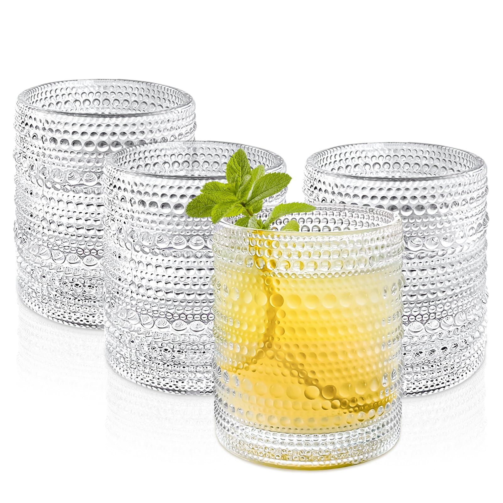 UPZAI 12oz Vintage Drinking Glasses Set of 4, Kitchen Glassware Old Fashioned Glass Cups, Aesthetic Water Cups for Beside Beverage Juice Coffee Beer Cocktail Whiskey (Clear)