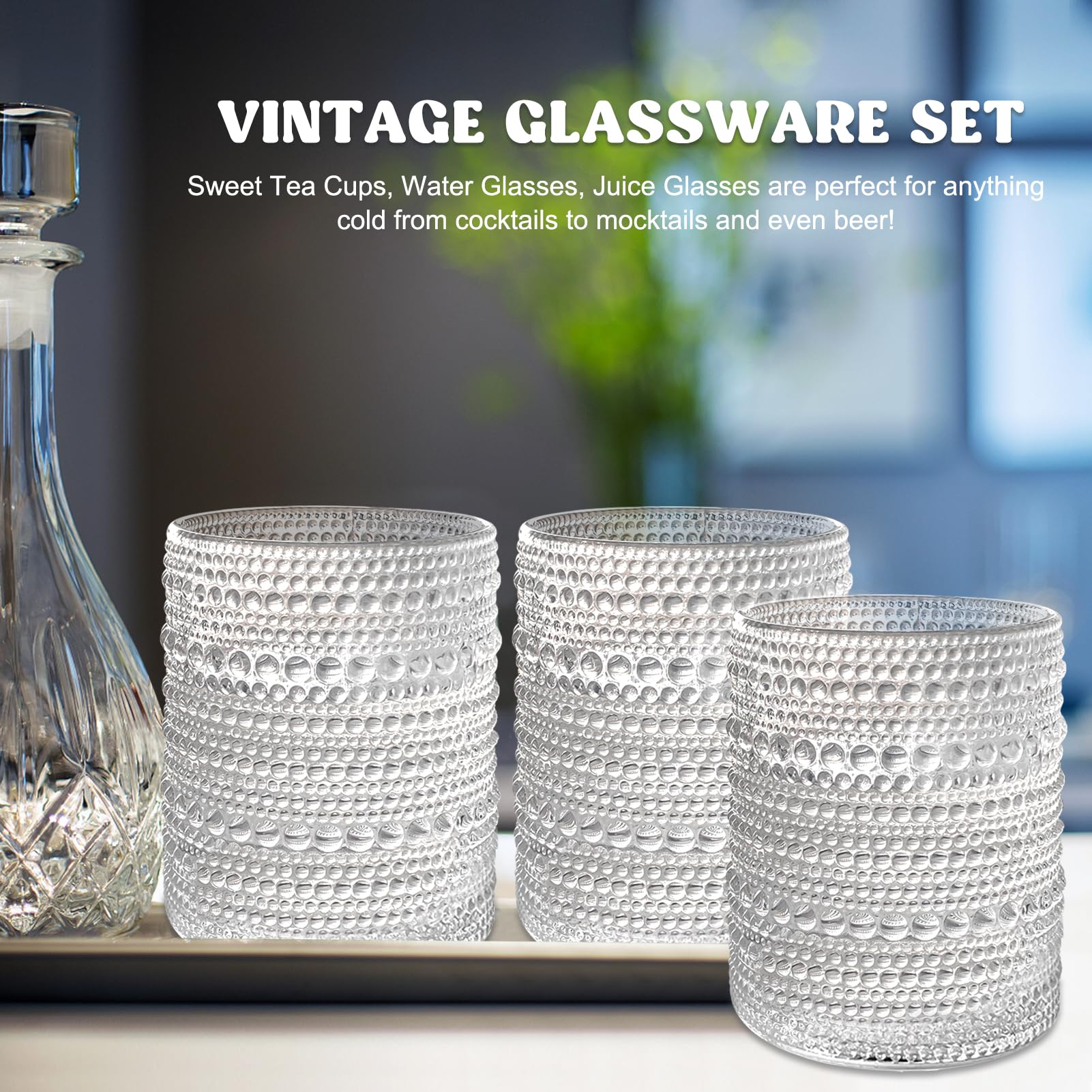 UPZAI 12oz Vintage Drinking Glasses Set of 4, Kitchen Glassware Old Fashioned Glass Cups, Aesthetic Water Cups for Beside Beverage Juice Coffee Beer Cocktail Whiskey (Clear)