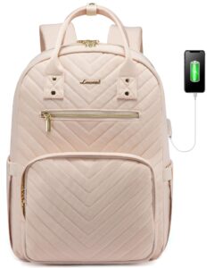 lovevook laptop backpack for women, large capacity travel backpack with luggage strap, stylish women backpack with usb port, waterproof quilted work backpack for college business 15.6 inch, beige