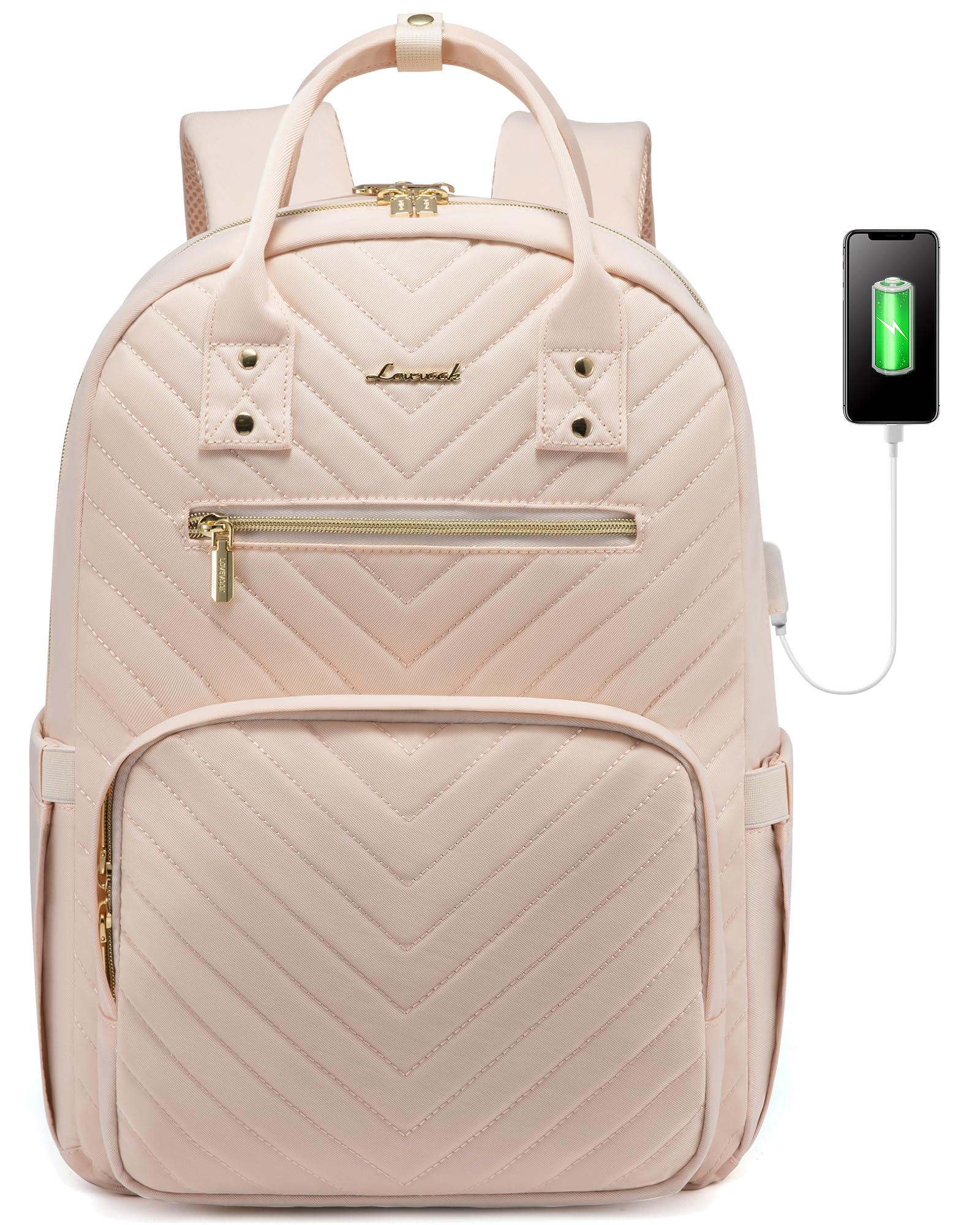 LOVEVOOK Laptop Backpack for Women, Large Capacity Travel Backpack with Luggage Strap, Stylish Women Backpack with USB Port, Waterproof Quilted Work Backpack for College Business 15.6 Inch, Beige