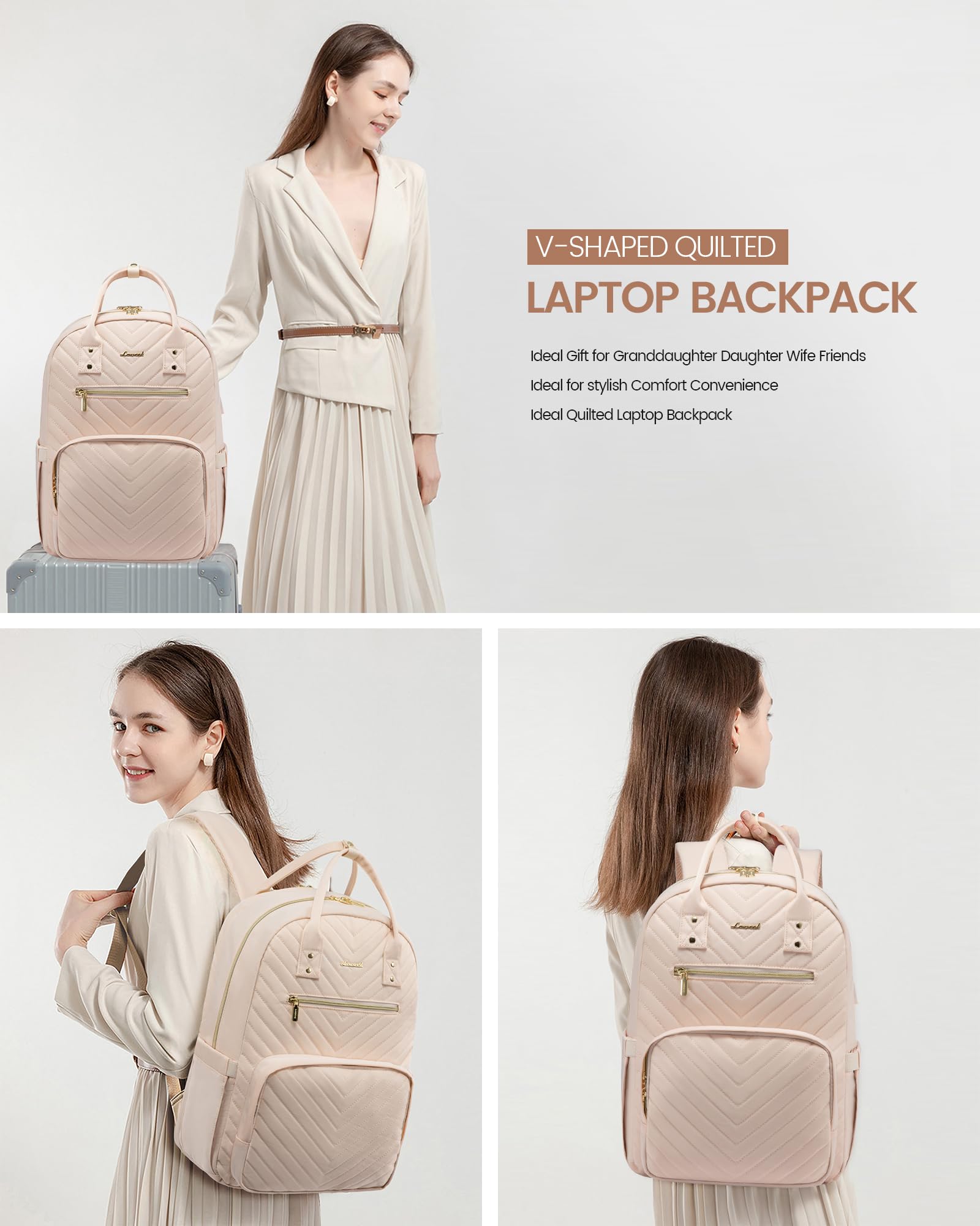 LOVEVOOK Laptop Backpack for Women, Large Capacity Travel Backpack with Luggage Strap, Stylish Women Backpack with USB Port, Waterproof Quilted Work Backpack for College Business 15.6 Inch, Beige