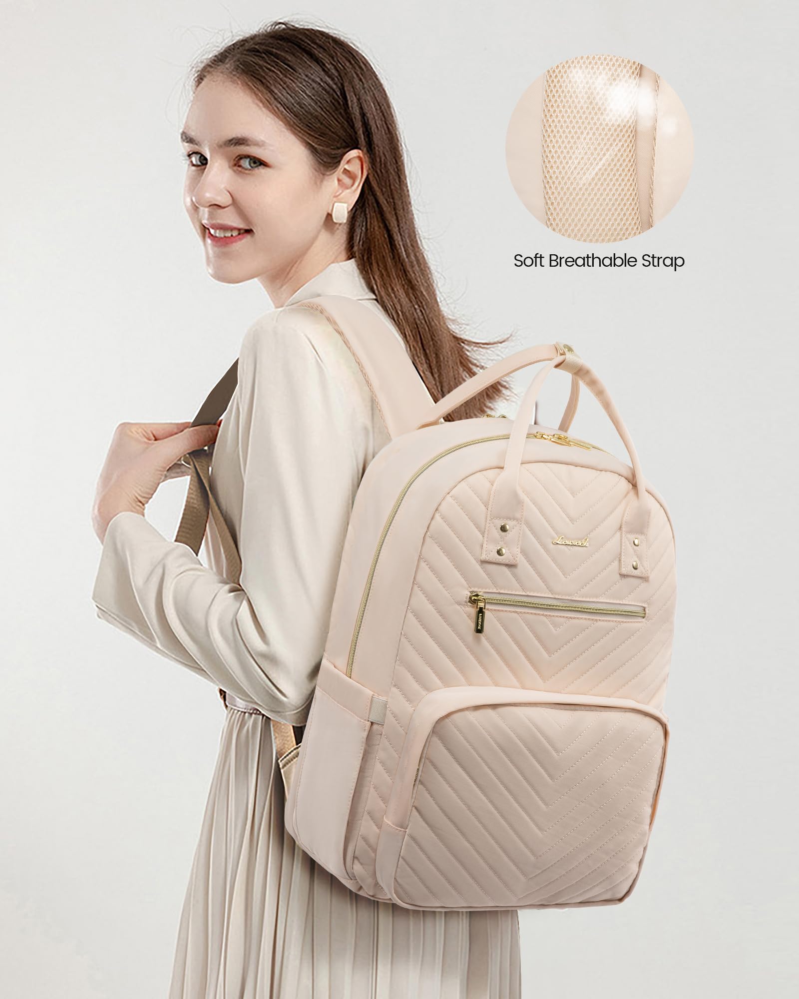 LOVEVOOK Laptop Backpack for Women, Large Capacity Travel Backpack with Luggage Strap, Stylish Women Backpack with USB Port, Waterproof Quilted Work Backpack for College Business 15.6 Inch, Beige