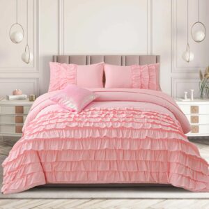 A Nice Night Waterfall Flutter Ruffle Comforter Set,Ruffled Textured Soft Chic Princess 6pcs Bedding Set,with Bling Shiny Sequin Throw Pillow Case,Pink,Twin