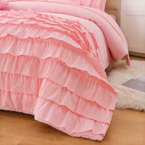 A Nice Night Waterfall Flutter Ruffle Comforter Set,Ruffled Textured Soft Chic Princess 6pcs Bedding Set,with Bling Shiny Sequin Throw Pillow Case,Pink,Twin