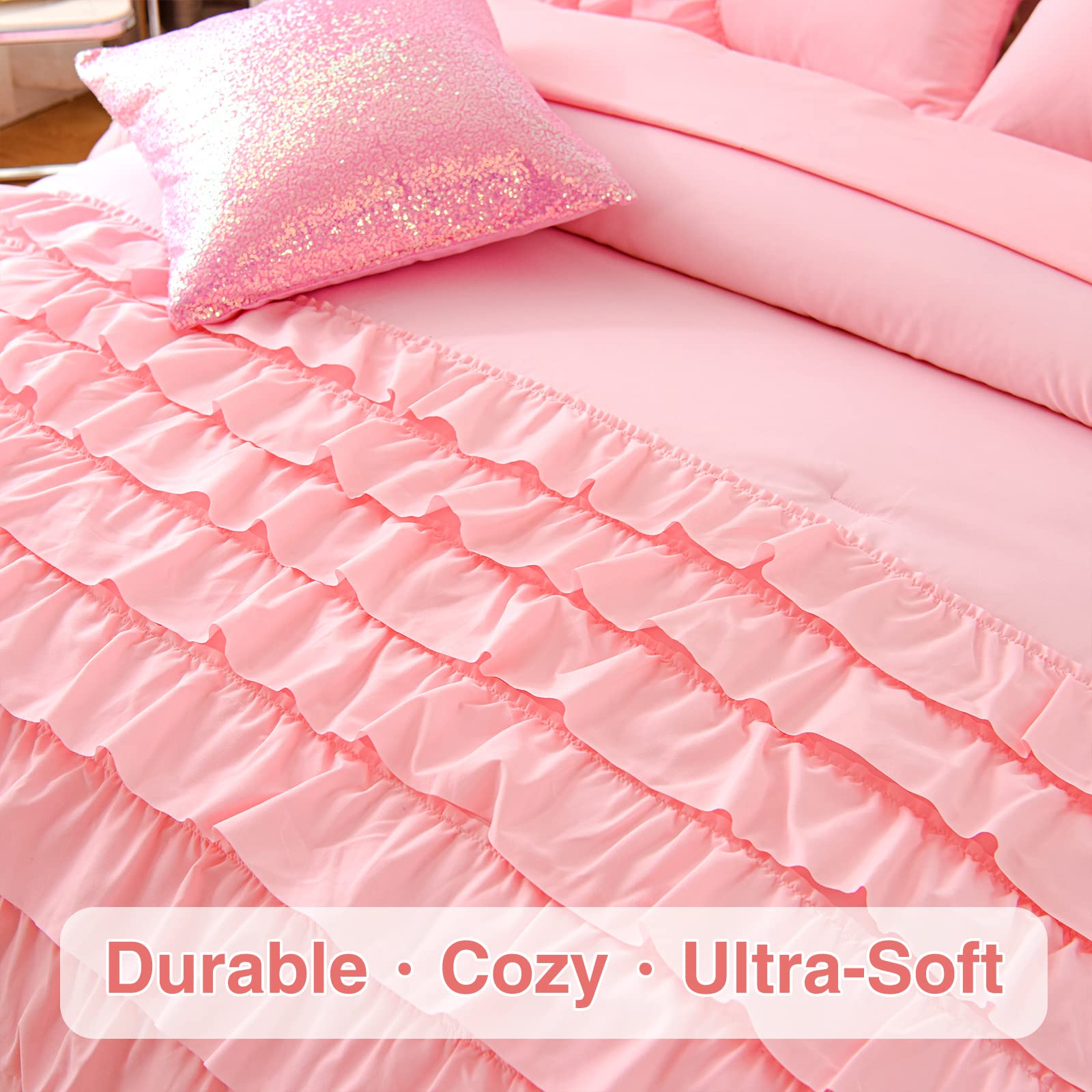 A Nice Night Waterfall Flutter Ruffle Comforter Set,Ruffled Textured Soft Chic Princess 6pcs Bedding Set,with Bling Shiny Sequin Throw Pillow Case,Pink,Twin