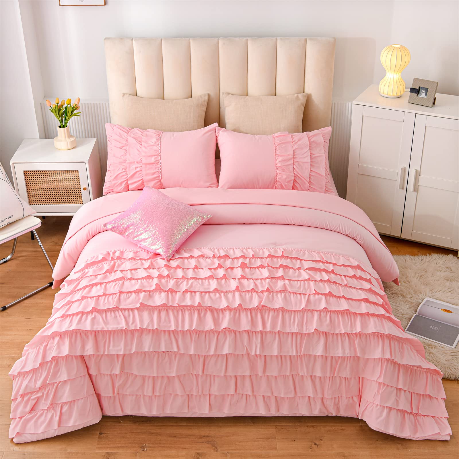 A Nice Night Waterfall Flutter Ruffle Comforter Set,Ruffled Textured Soft Chic Princess 6pcs Bedding Set,with Bling Shiny Sequin Throw Pillow Case,Pink,Twin