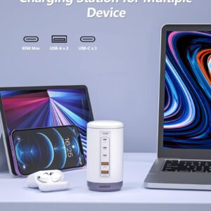 100W USB Tower Charging Station,5 Port USB C Charger Block for Multiple Devices iPhone 15/15 Plus/15 Pro/15 Pro Max/MacBook Air Pro/Samsung/Tablet (Purple)