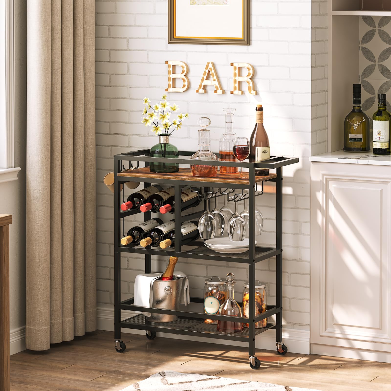 MAHANCRIS Bar Cart for Home, 3-Tier Serving Cart with Wheels and Handle, Beverage Cart with Wine Rack and Glass Holders, Rolling Wine Cart for Kitchen, Dining Room, Rustic Brown RCHR6101