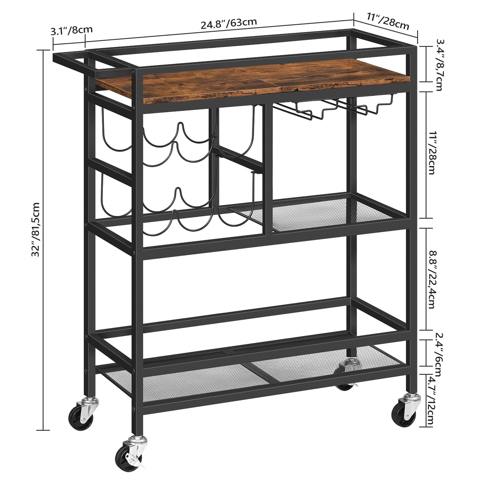 MAHANCRIS Bar Cart for Home, 3-Tier Serving Cart with Wheels and Handle, Beverage Cart with Wine Rack and Glass Holders, Rolling Wine Cart for Kitchen, Dining Room, Rustic Brown RCHR6101