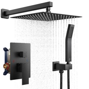 forious shower faucet set black -12 inch shower system with solid brass pressure balanced valve, rainfall shower head and handle set, wall mounted shower fixtures combo matte black