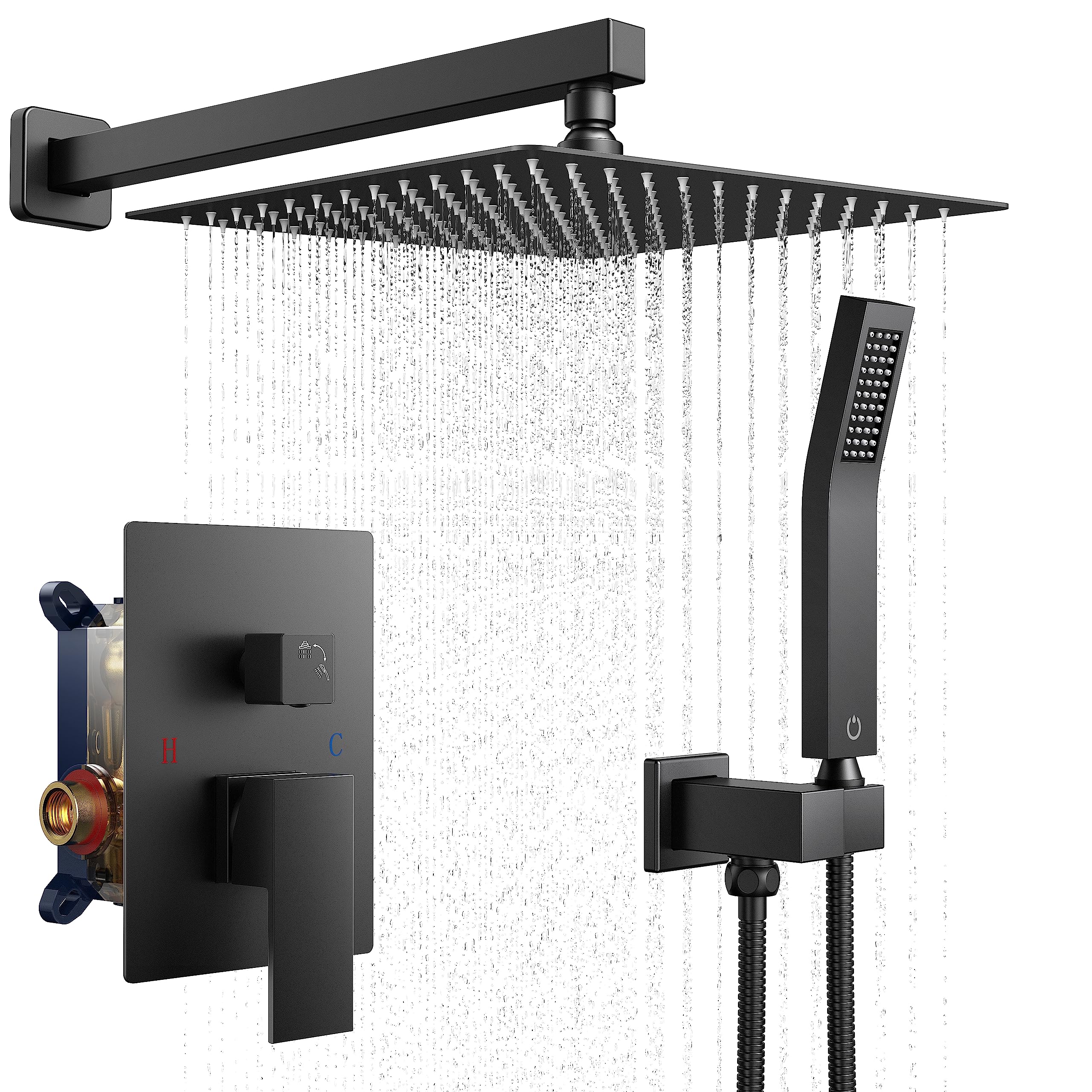 FORIOUS Shower Faucet Set Black -12 Inch Shower System with Solid Brass Pressure Balanced Valve, Rainfall Shower Head and Handle Set, Wall Mounted Shower Fixtures Combo Matte Black