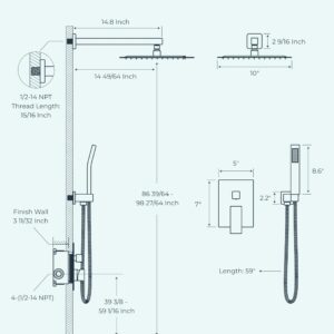 FORIOUS Shower Faucet Set Black -12 Inch Shower System with Solid Brass Pressure Balanced Valve, Rainfall Shower Head and Handle Set, Wall Mounted Shower Fixtures Combo Matte Black