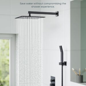 FORIOUS Shower Faucet Set Black -12 Inch Shower System with Solid Brass Pressure Balanced Valve, Rainfall Shower Head and Handle Set, Wall Mounted Shower Fixtures Combo Matte Black