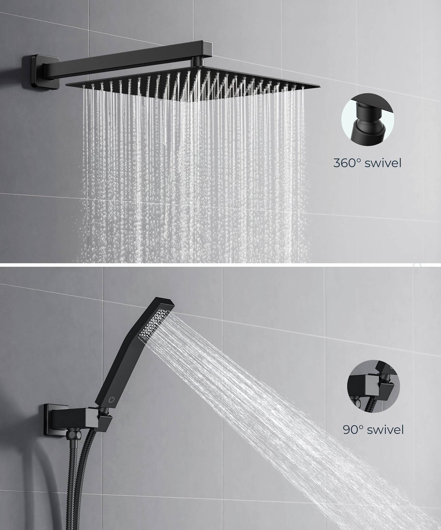 FORIOUS Shower Faucet Set Black -12 Inch Shower System with Solid Brass Pressure Balanced Valve, Rainfall Shower Head and Handle Set, Wall Mounted Shower Fixtures Combo Matte Black