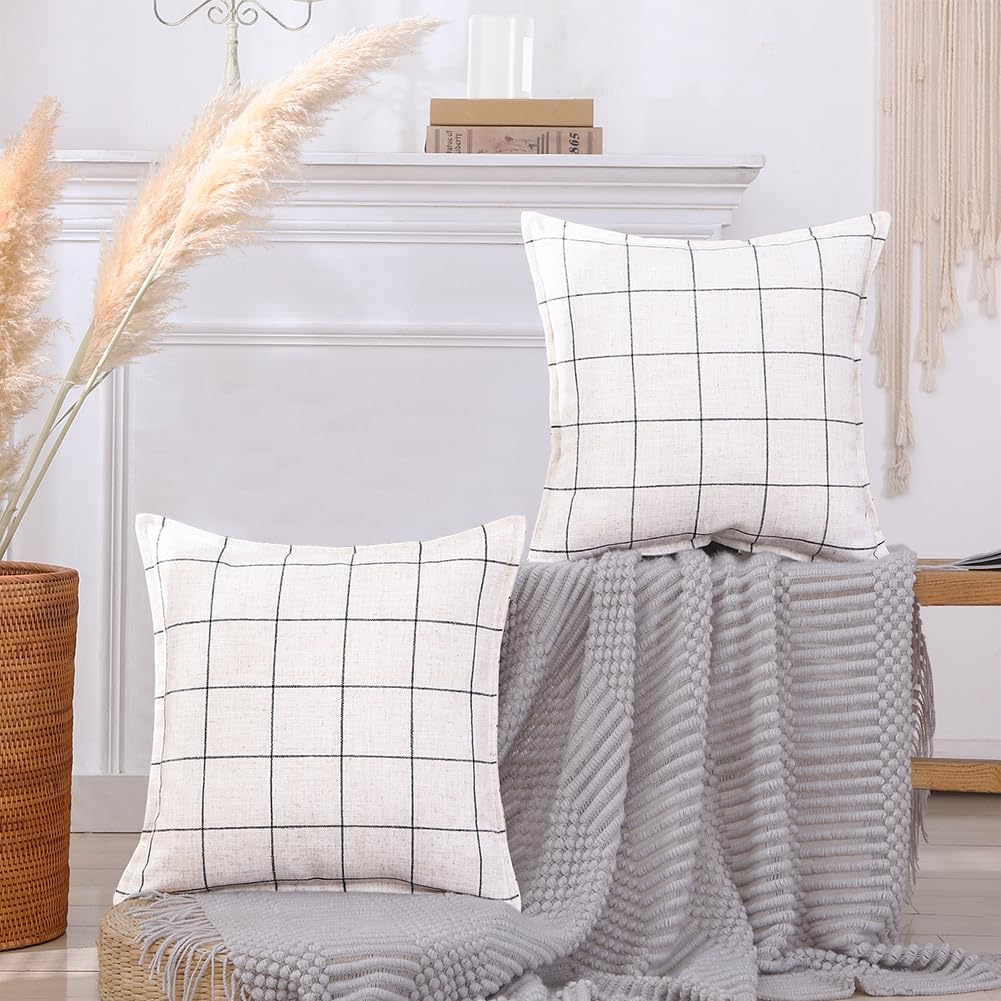 CARRIE HOME Farmhouse Plaid Linen Throw Pillow Covers 20x20 Set of 2, Neutral Cream White Throw Pillows 20 x 20, Boho Room Decor for Couch and Bed, Beige Color with Black Stripes