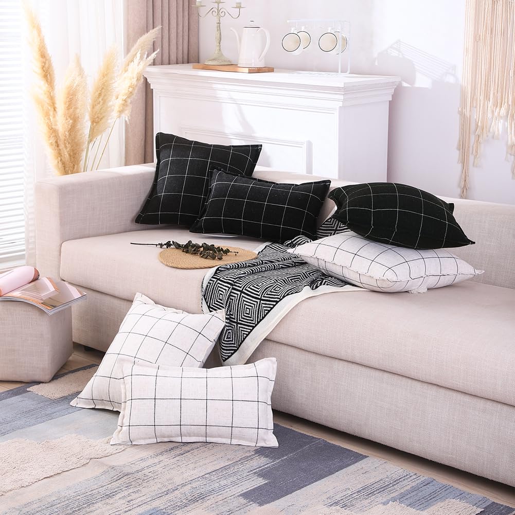 CARRIE HOME Farmhouse Plaid Linen Throw Pillow Covers 20x20 Set of 2, Neutral Cream White Throw Pillows 20 x 20, Boho Room Decor for Couch and Bed, Beige Color with Black Stripes