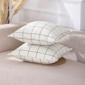 CARRIE HOME Farmhouse Plaid Linen Throw Pillow Covers 20x20 Set of 2, Neutral Cream White Throw Pillows 20 x 20, Boho Room Decor for Couch and Bed, Beige Color with Black Stripes