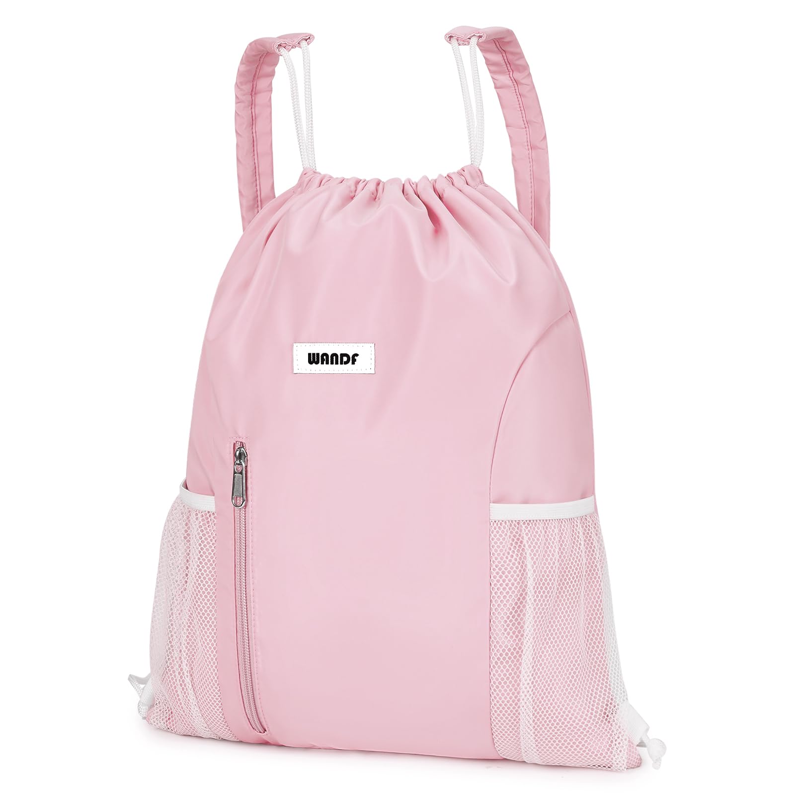 WANDF Drawstring Backpack with Shoulder Pad Sports Gym Backpack with Mesh Pocket String Bag for Women Men(Pink)