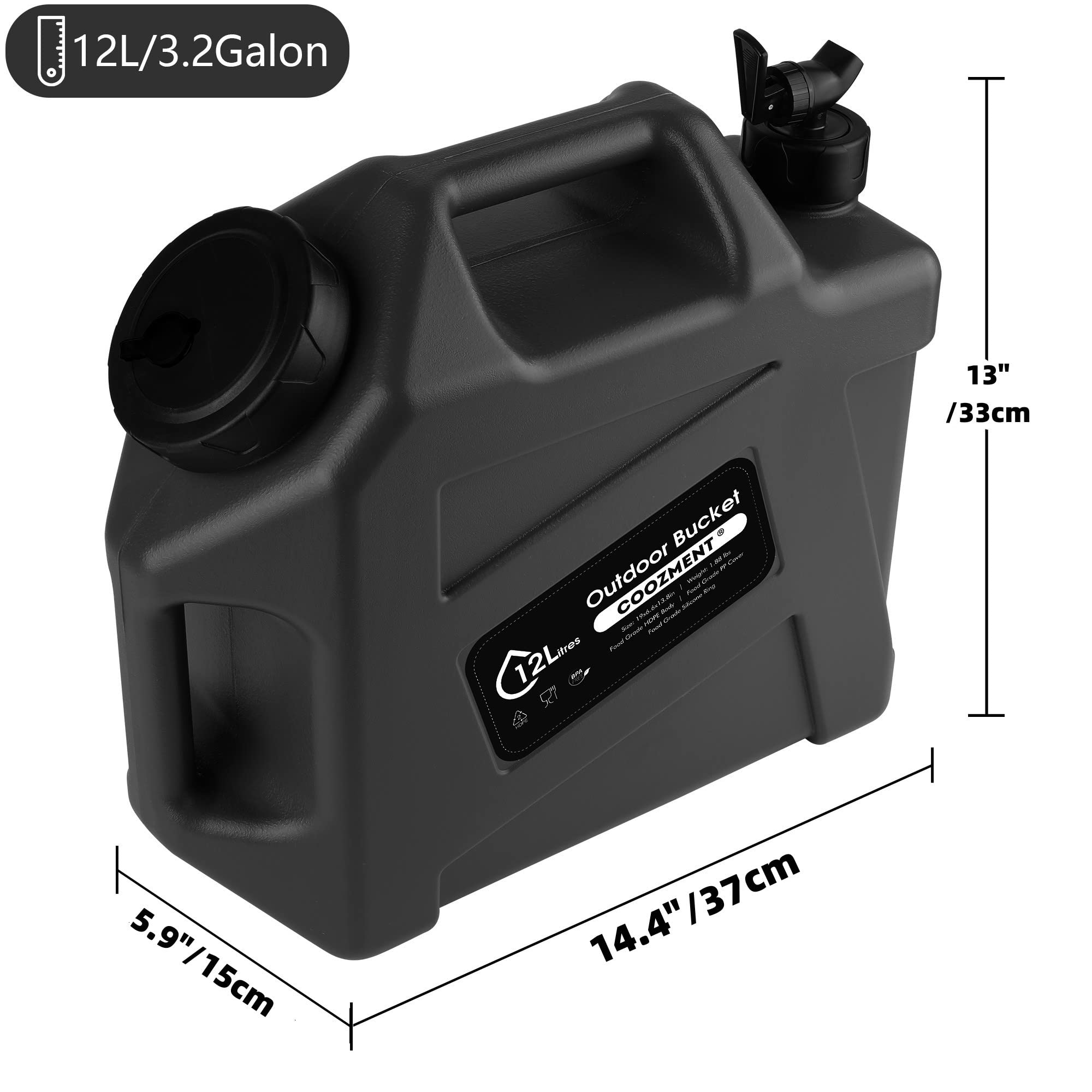 COOZMENT 3.2 Gallon (12L) Portable Water Containers with Spigot, BPA Free Water Jug, Black Water Tank, Multifunction Water Storage Containers for Camping Outdoor Hiking,Emergency Stroage,Drink