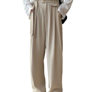 OYOANGLE Men's Fold Pleated Straight Wide Leg Suit Pants Business Casual Pants with Pocket Khaki Large