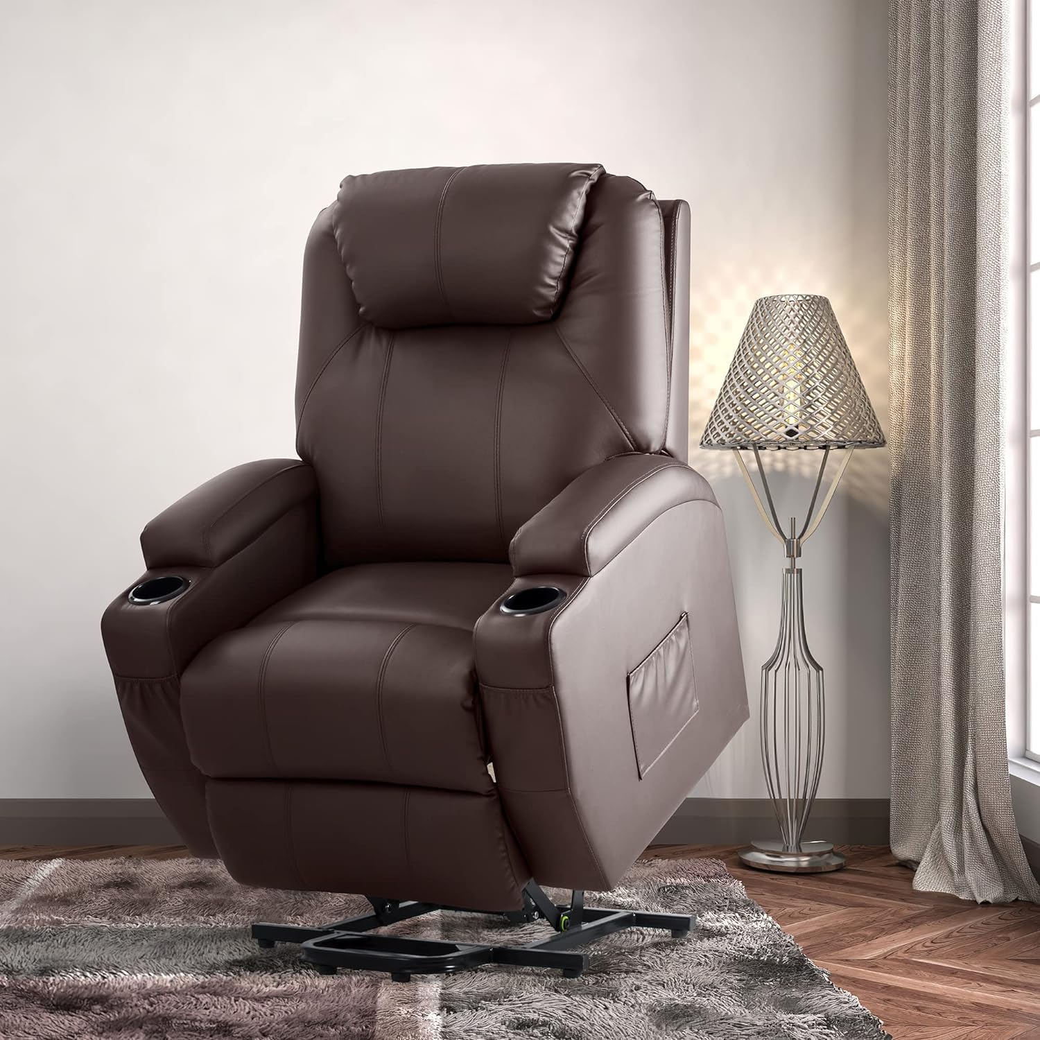 JUMMICO Power Lift Recliner Chair with Massage for Elderly PU Leather Modern Reclining Sofa Chair with Cup Holders, Remote Control, Adjustable Furniture (Brown)