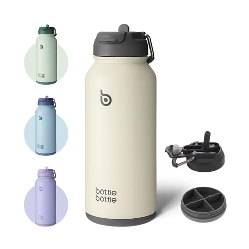 BOTTLE BOTTLE 32oz Insulated Water Bottle Stainless Steel Sport Water Bottle with Straw Dual-use Lid Design for Gym with Pill Box (gray)