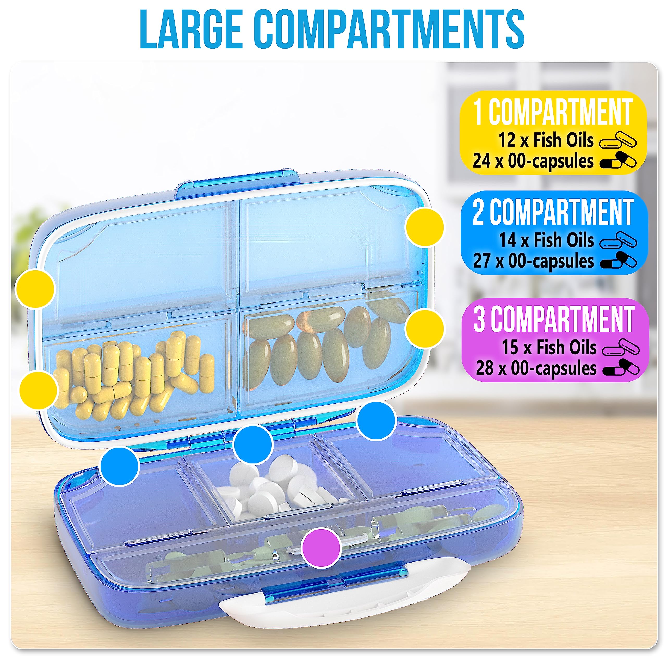 Pill Organizer Airtight Pill Box Large Pill Dispenser Home Travel Supplement Holder Portable Vitamin Sorter Jumbo Size 8 Compartment Airtight Vitamin Container Daily Medicine Travel Essentials