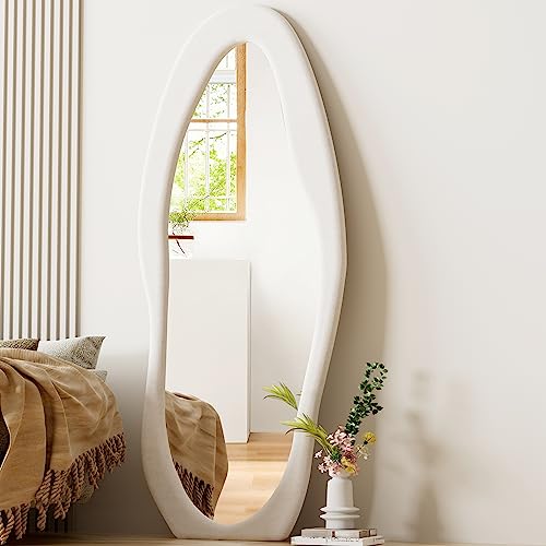 Dewfig Full Length Mirror, 63" x 24"Irregular Mirror, Large Floor Length Mirror Wall Mounted, Standing Mirror with Flannel Wrapped Wooden Frame for Bedroom/Living Room, White