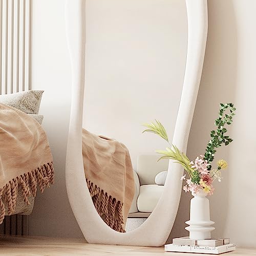 Dewfig Full Length Mirror, 63" x 24"Irregular Mirror, Large Floor Length Mirror Wall Mounted, Standing Mirror with Flannel Wrapped Wooden Frame for Bedroom/Living Room, White