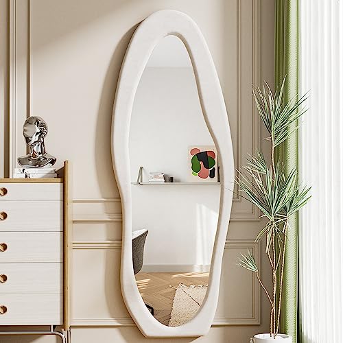 Dewfig Full Length Mirror, 63" x 24"Irregular Mirror, Large Floor Length Mirror Wall Mounted, Standing Mirror with Flannel Wrapped Wooden Frame for Bedroom/Living Room, White