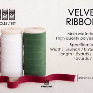 Vitalizart Christmas Velvet Ribbon Set 3/8" x 15Yd Wooden Spool Fabric Trim Eco-Friendly 3 Rolls * 5Yd for Christmas Wreath Decoration Handmade Craft Ornaments Gift Wrapping & Bow Making