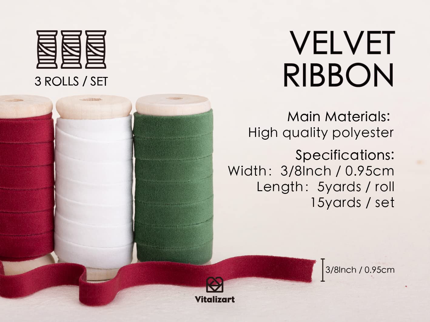 Vitalizart Christmas Velvet Ribbon Set 3/8" x 15Yd Wooden Spool Fabric Trim Eco-Friendly 3 Rolls * 5Yd for Christmas Wreath Decoration Handmade Craft Ornaments Gift Wrapping & Bow Making