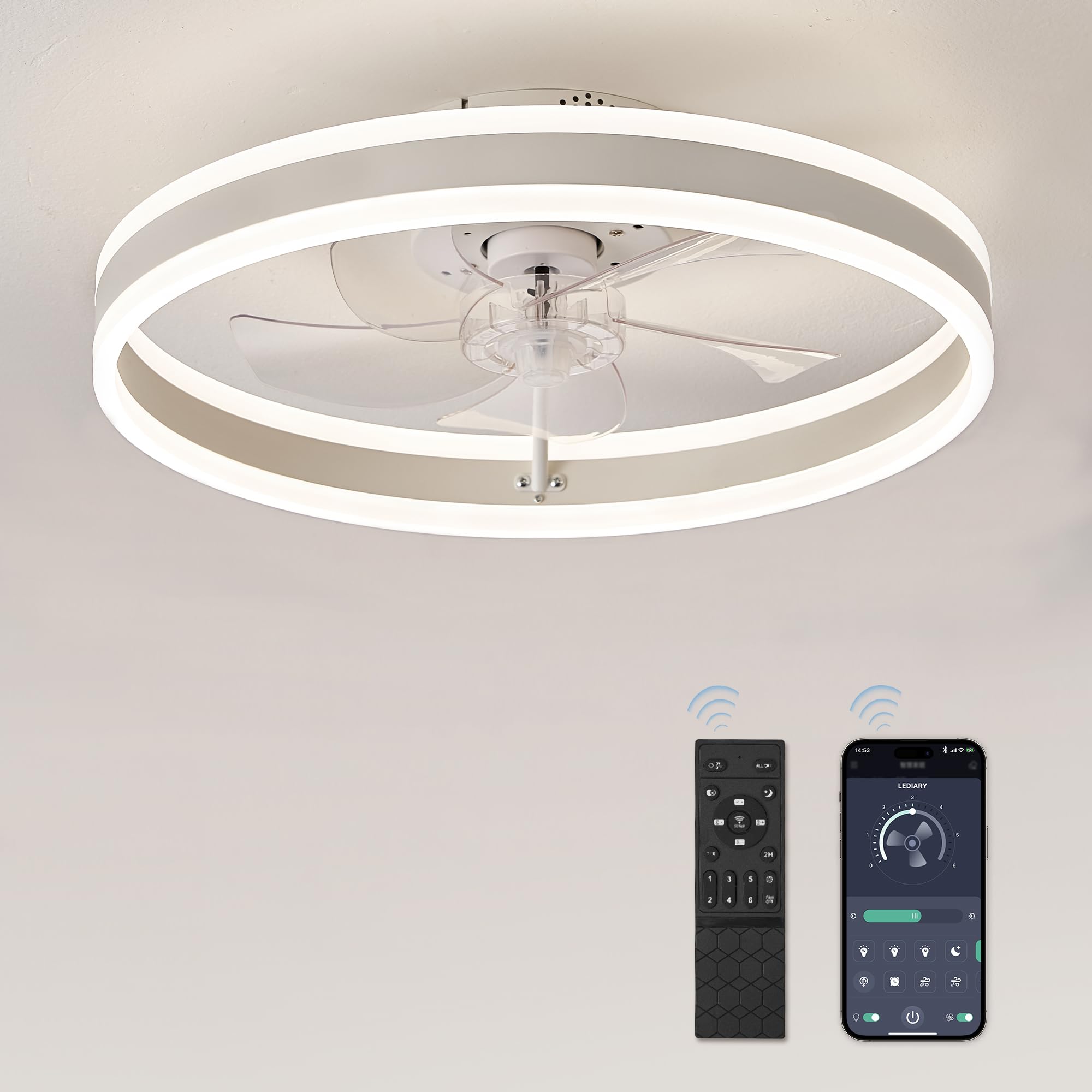 LEDIARY Low Profile Ceiling Fans with Lights, Flush Mount Modern Ceiling Fan and Remote Control, 19.7" LED Bladeless Ceiling Fans, Stepless Dimmable 3 Colors and 6 Speeds - White