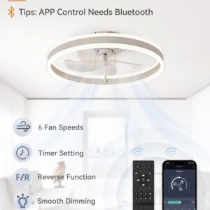 LEDIARY Low Profile Ceiling Fans with Lights, Flush Mount Modern Ceiling Fan and Remote Control, 19.7" LED Bladeless Ceiling Fans, Stepless Dimmable 3 Colors and 6 Speeds - White