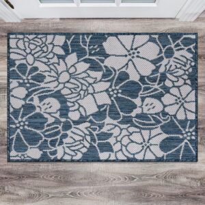 rugshop modern floral flowers textured flat weave easy cleaning outdoor rugs for deck,patio,backyard indoor/outdoor area rug 2' x 3' navy