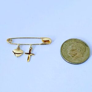 14k. Yellow Gold Baby Safety Pin with Two Charms/Cross & Heart Charms/Christening/Baptism/NOT Gold Filled NOT Gold Plated