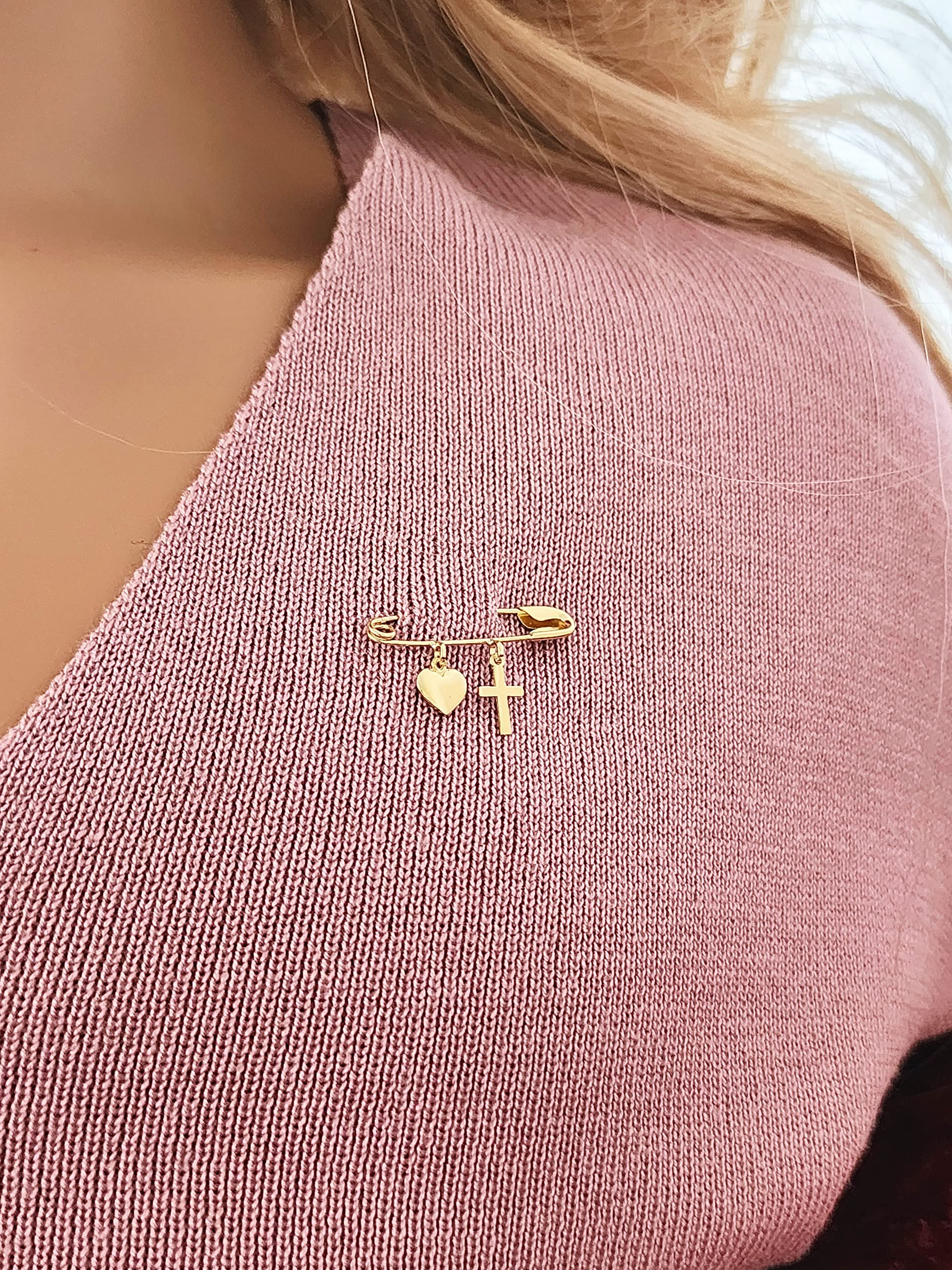 14k. Yellow Gold Baby Safety Pin with Two Charms/Cross & Heart Charms/Christening/Baptism/NOT Gold Filled NOT Gold Plated