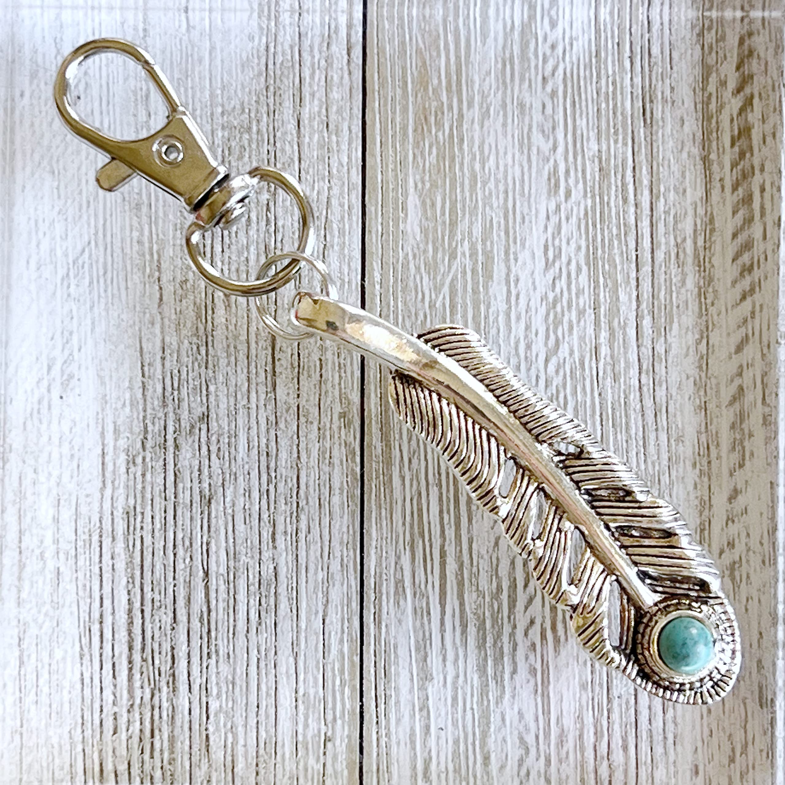 Silver Boho Feather Western Turquoise Zipper Pull for Backpacks, Cute Rhinestone Purse Charms, Unique Custom Handbag Jewelry, Personalized Zipper Charms, Camera Bag Charms, Cool Key Chain Charm